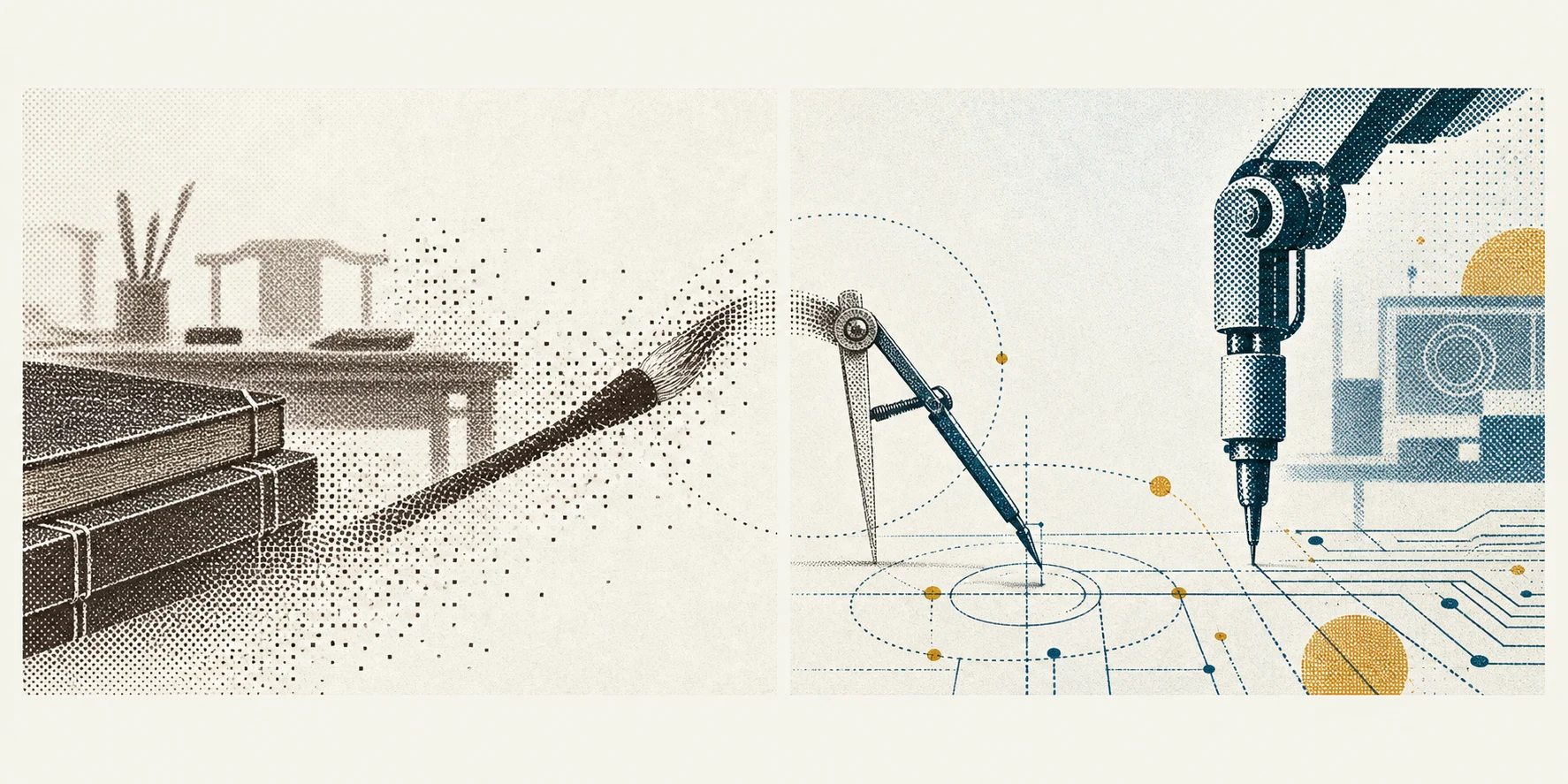 A dithered diptych in which a scholar's brush and classical books dissolve into an engineer's compass and robotic stylus.