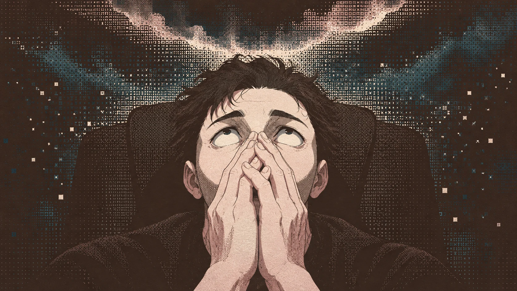 A figure looking upward with both hands raised over their face beneath a dithered storm.